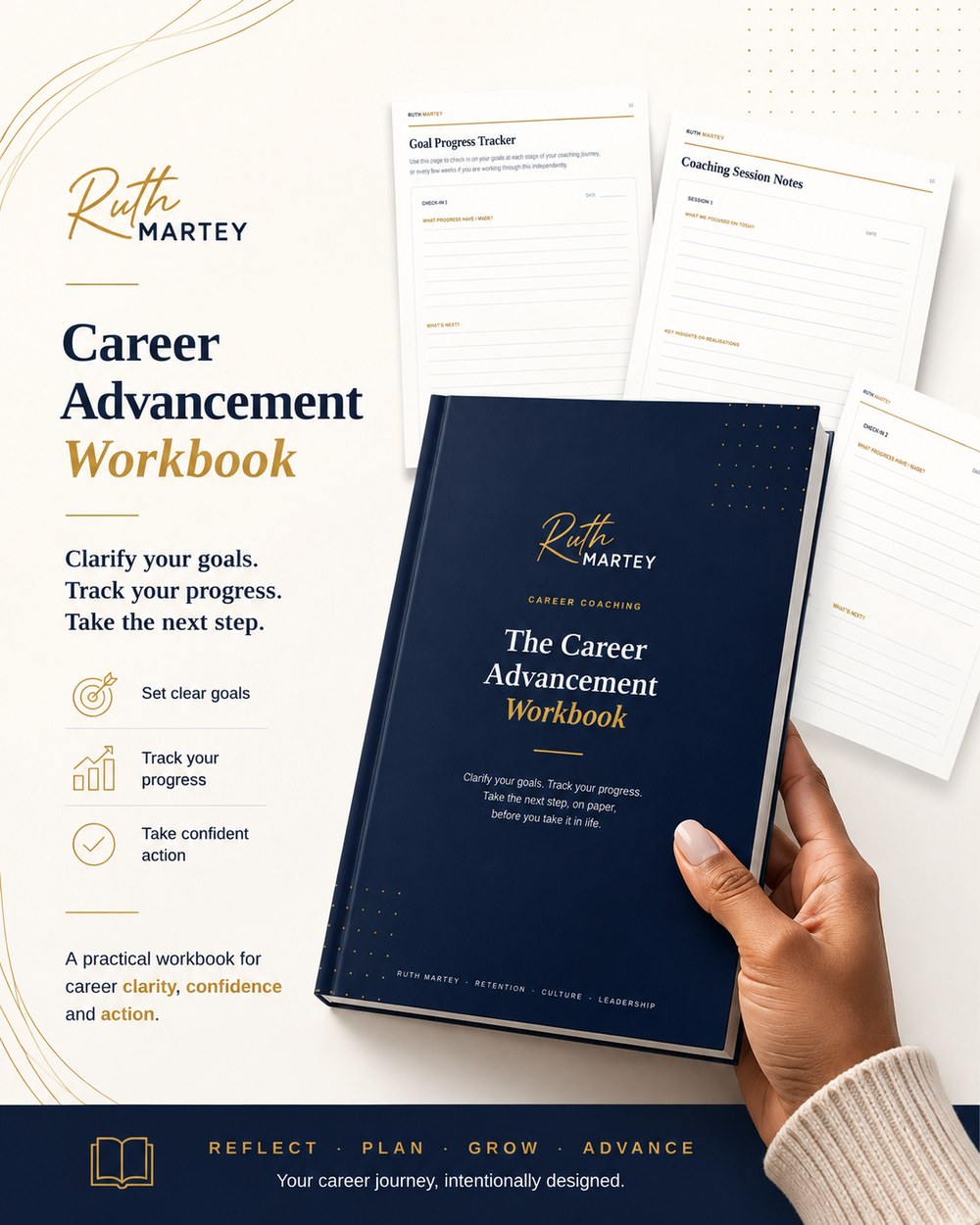 The Career Advancement Workbook, held in hand with sample pages behind it